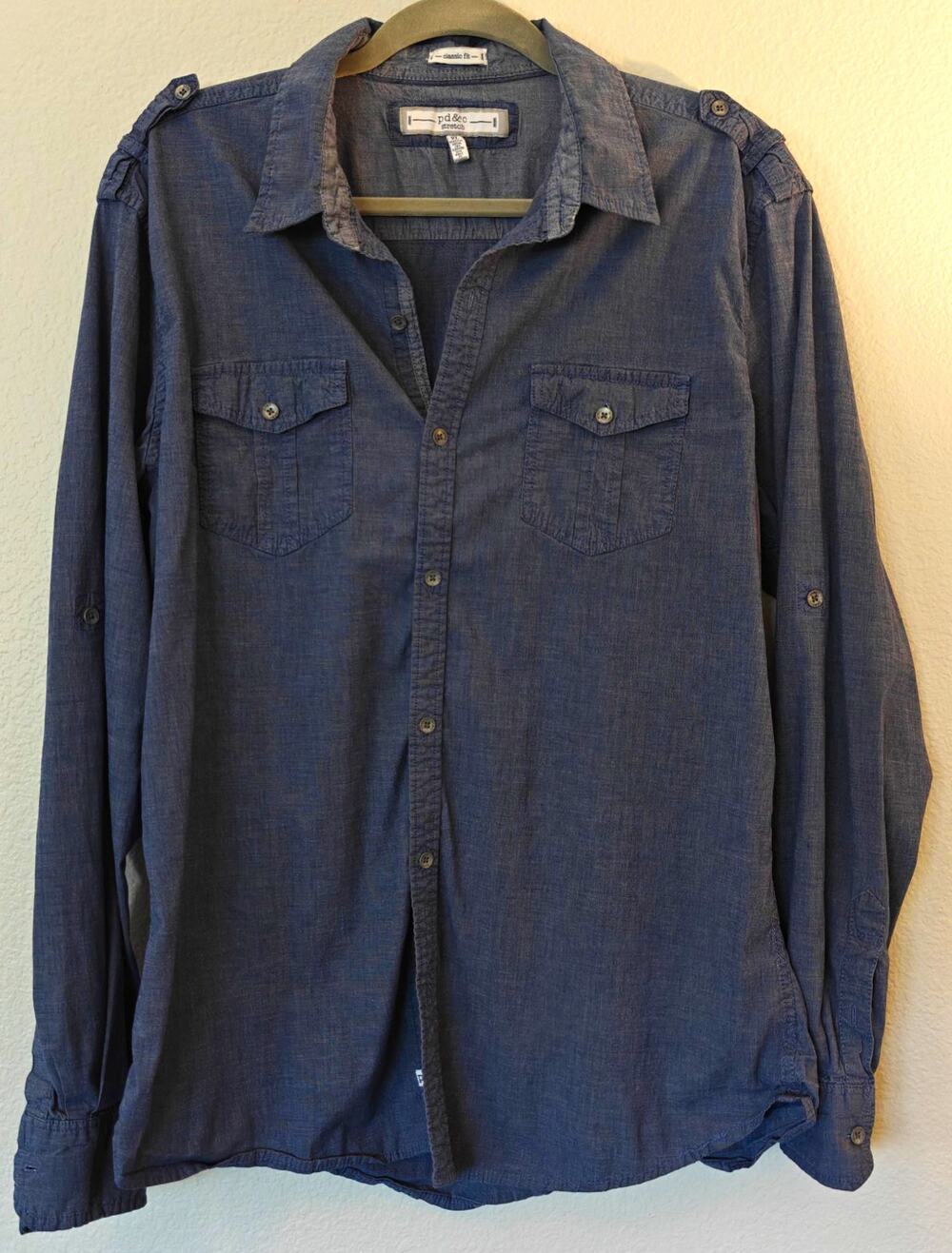 pd&c Men’s Stretch Classic Fit Blue Solid Point Collar Button-Up Shirt XL Cuff